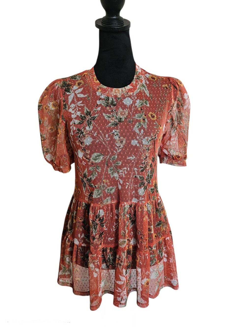 Meraki Orange Floral Mesh Cottagecore Tiered Babydoll Blouse Size S
